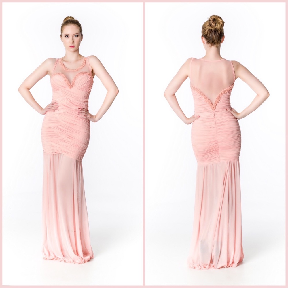 Pink illusion neck ruffled gown with